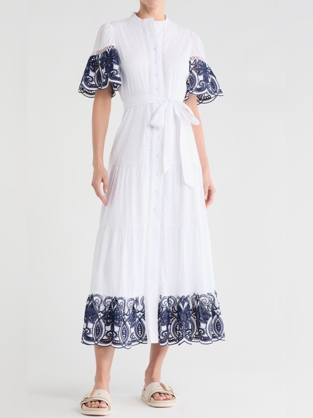 Beautiful! Worn Once! Southampton Maxi Shirtdress - White with Blue embroidery